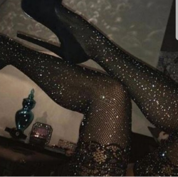 Thigh high fishnet rhinestome embossed stockings - Picture 1 of 2